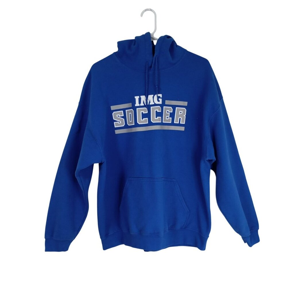 IMG Soccer Blue Pullover Hoodie XLarge With Kangaroo Pocket Soft Cotton Blend